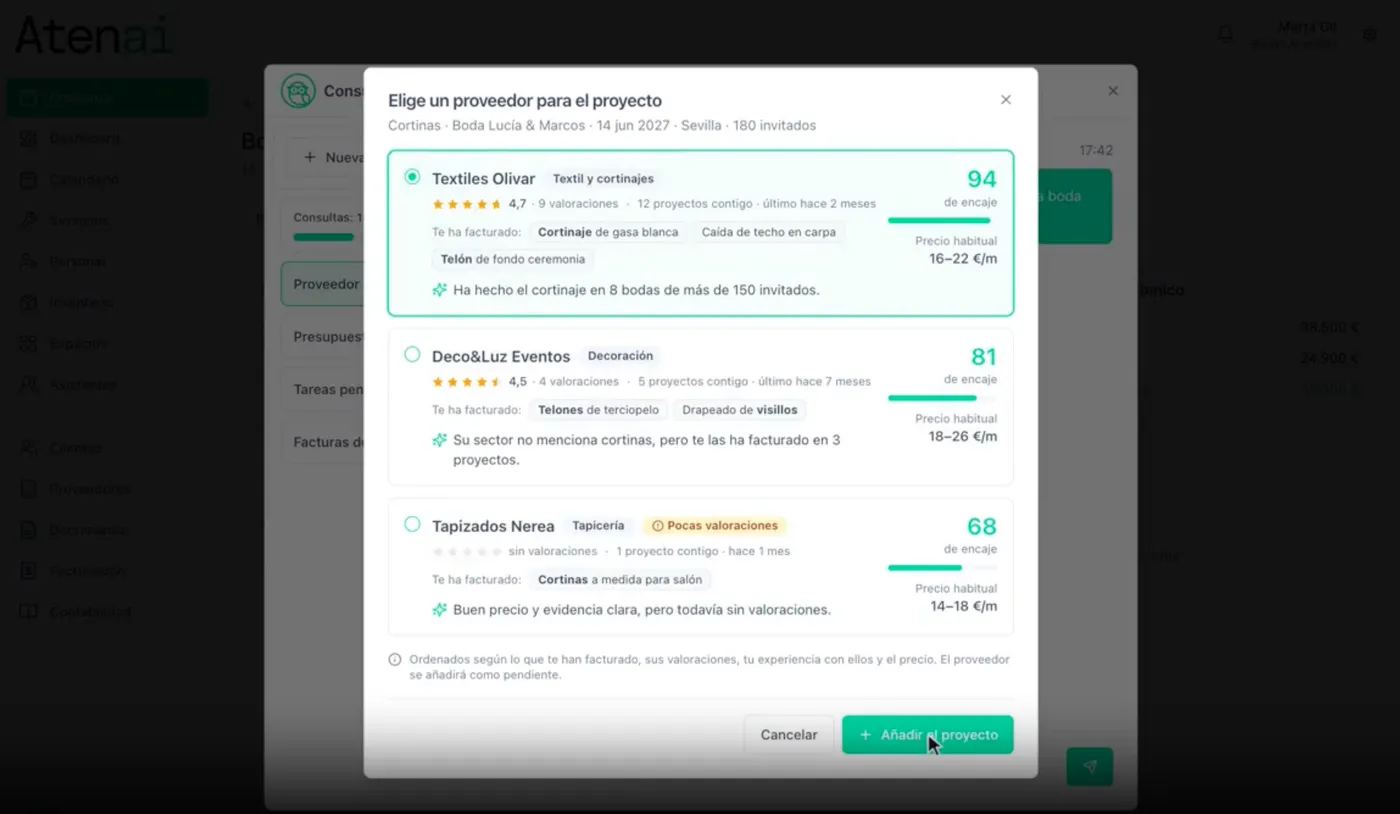 Atenea recomendando proveedores para un proyecto