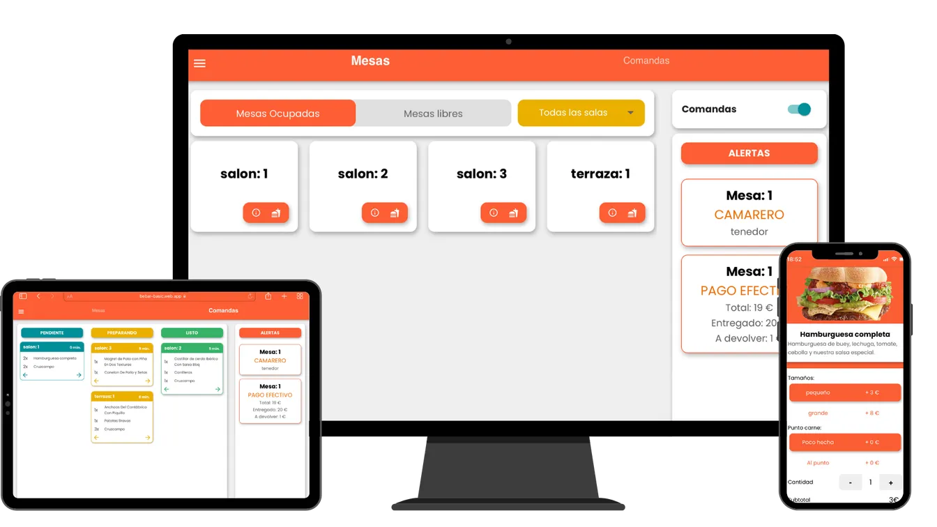 El TPV de Bebar: mesas y comandas en monitor y tablet, y el pedido desde el móvil