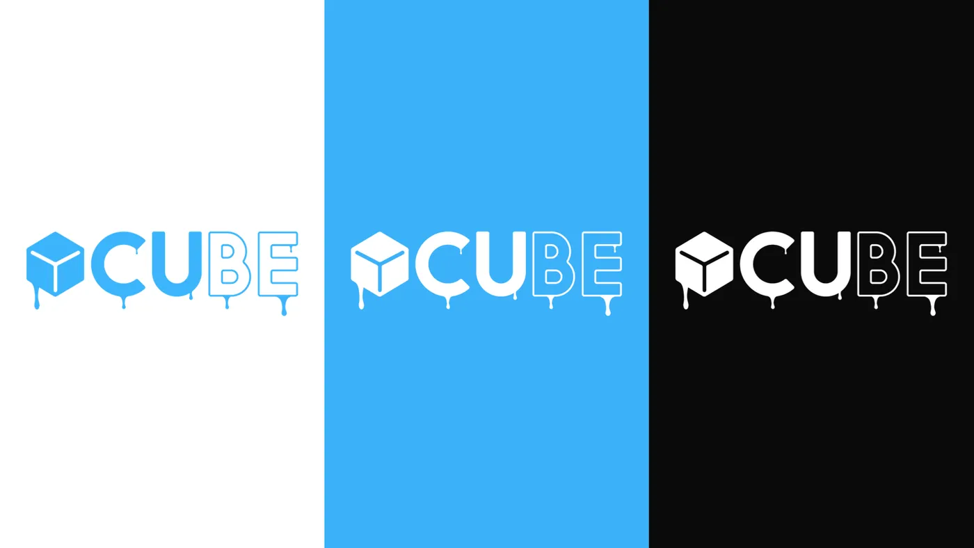 Logotipo de Cube en azul, blanco sobre azul y blanco sobre negro