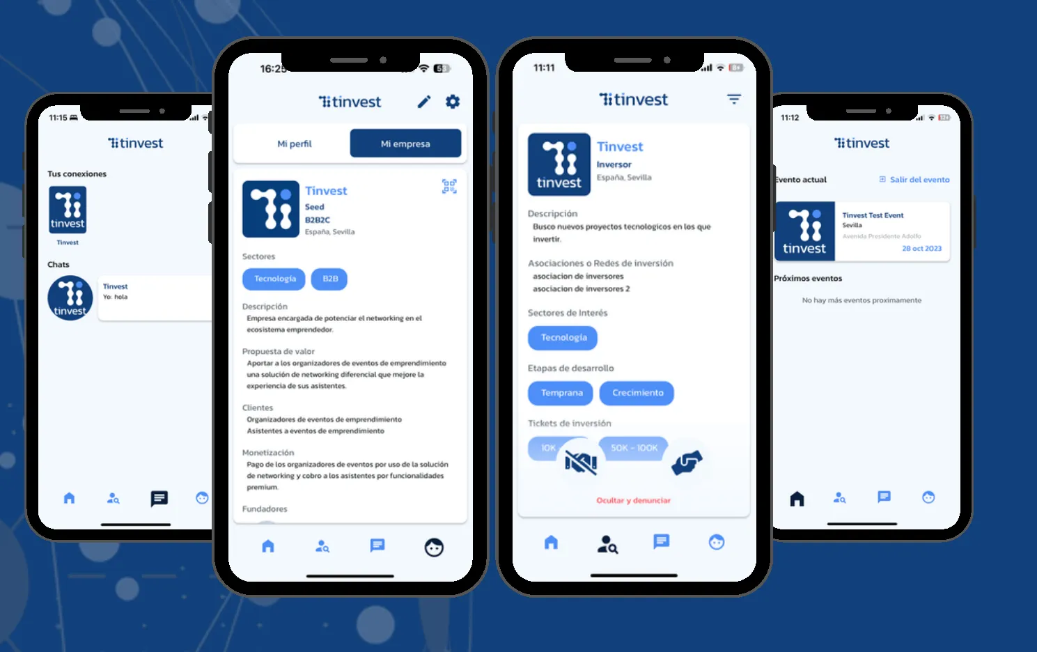 La app de Tinvest: conexiones y chats, perfil de empresa, perfil de inversor y evento actual